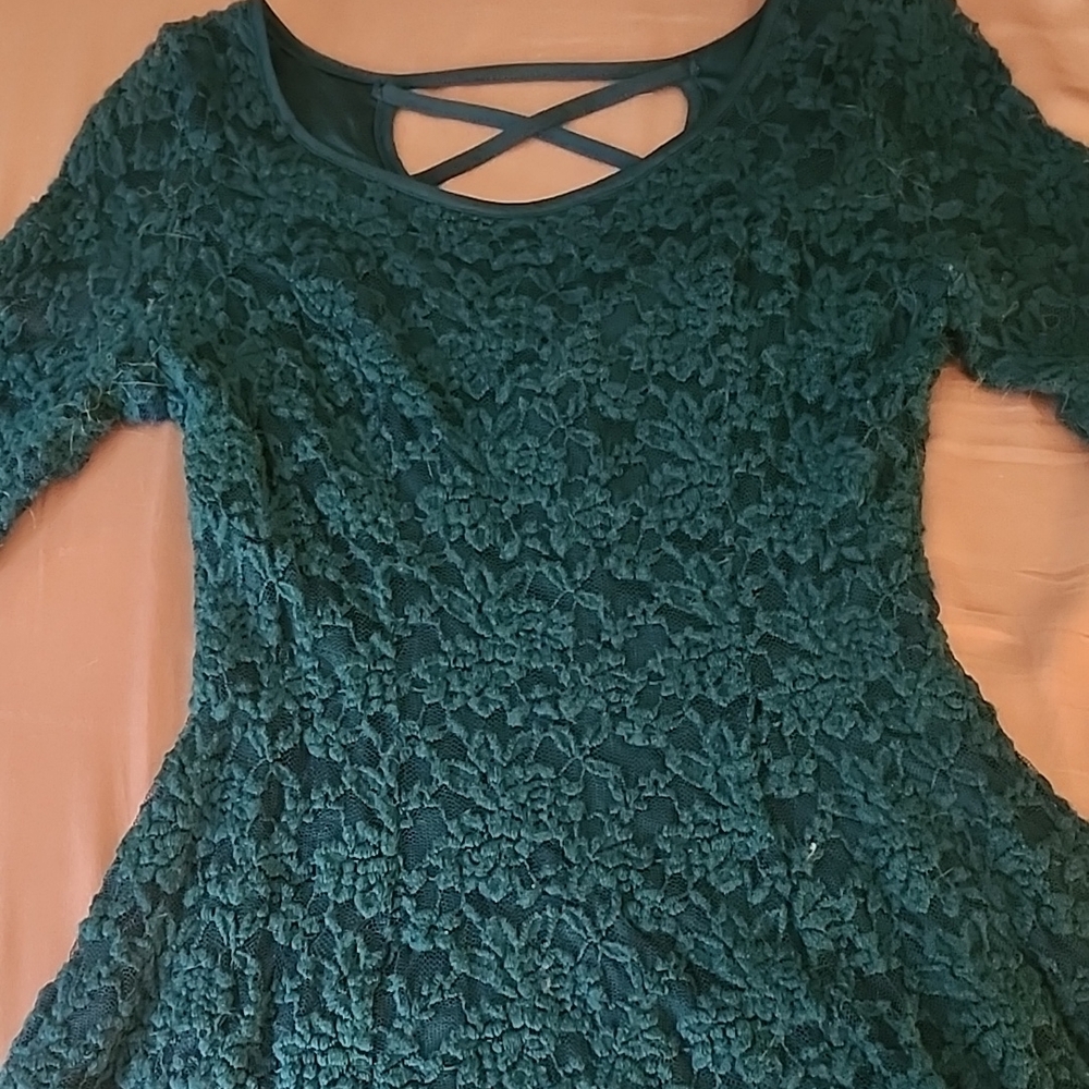 Dark Teal Lace Dress with Crisscross Back